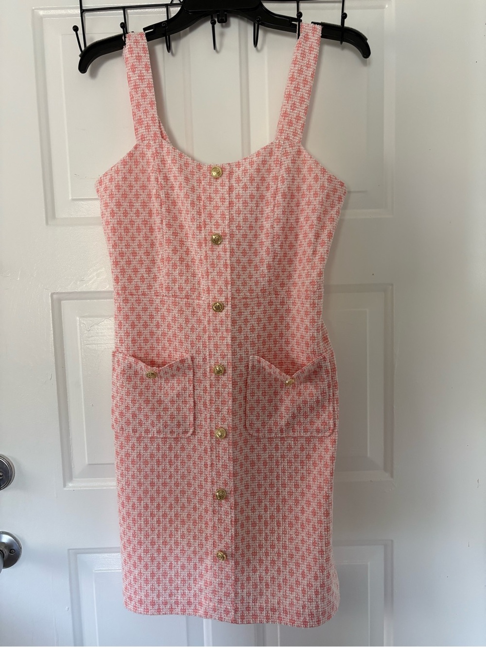 Rachel Zoe Pink Tweed Midi Dress with Gold Buttons